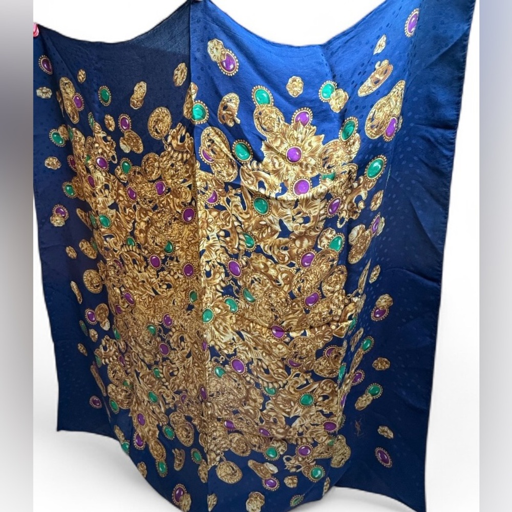Yves Saint Laurent Royal Blue and Gold Patterned Scarf